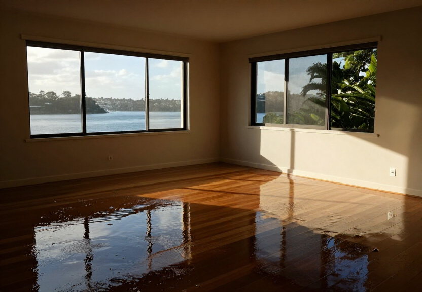 Dark, damp subfloor with visible mould and water pooling in Northwood home
